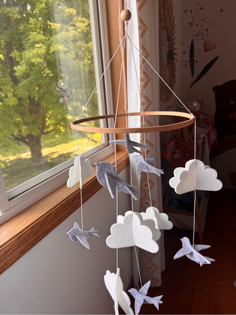 Handmade Cloud & Bird Nursery Mobile - White and Light Gray